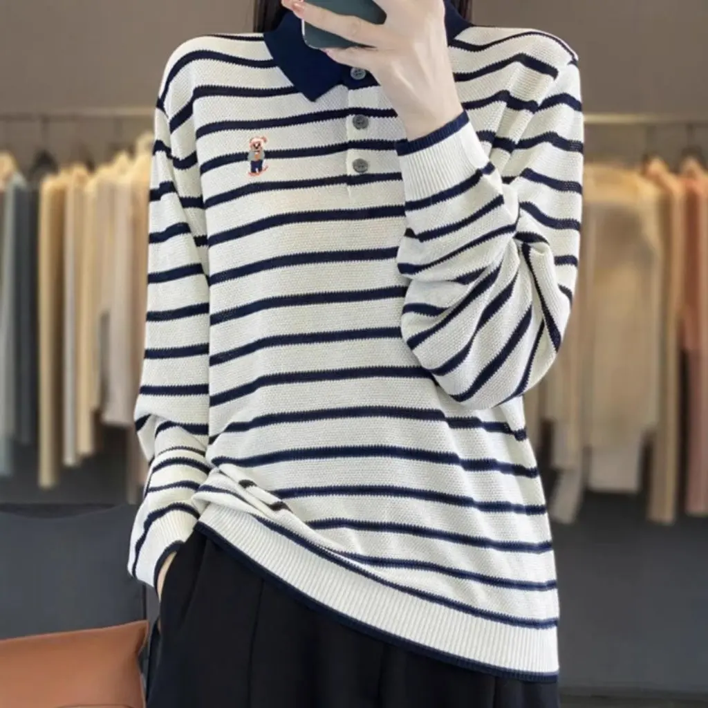 

Women's Base Shirt Slim Knitted Top Western Style Embroidered Striped Design Spring Autumn plus Size Sweater