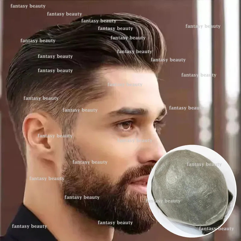 Tupé de piel Natural ultradelgado y duradero para hombre, tupé completo de PU VLoop, 0,04mm, marrón, gris, invisible, sistema de prótesis capilar