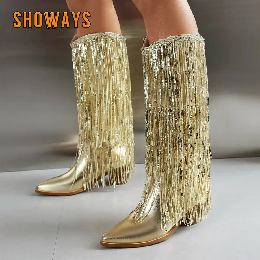 Glitter Gold Knee High Boots Women Block Heels Metallic Blue Rosy Bling Fringe Party Show Lady Western Cowgirl Sequin Long Boots