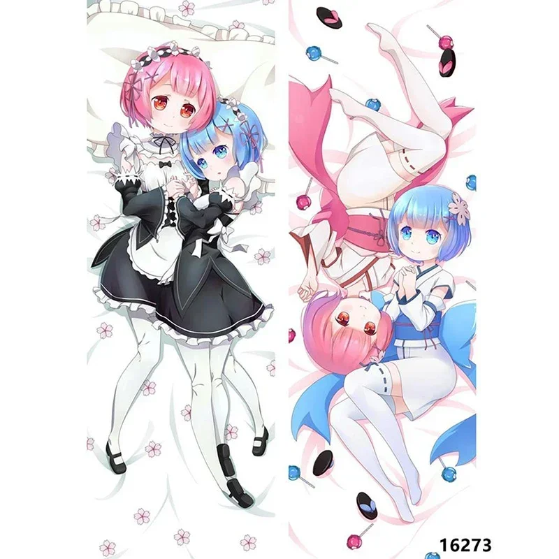 Long hair Rem & Ram Anime Pillow Anime Hugging Pillows Japanese Body/Bedding Pillow Covers Double Sided Pillowcase update