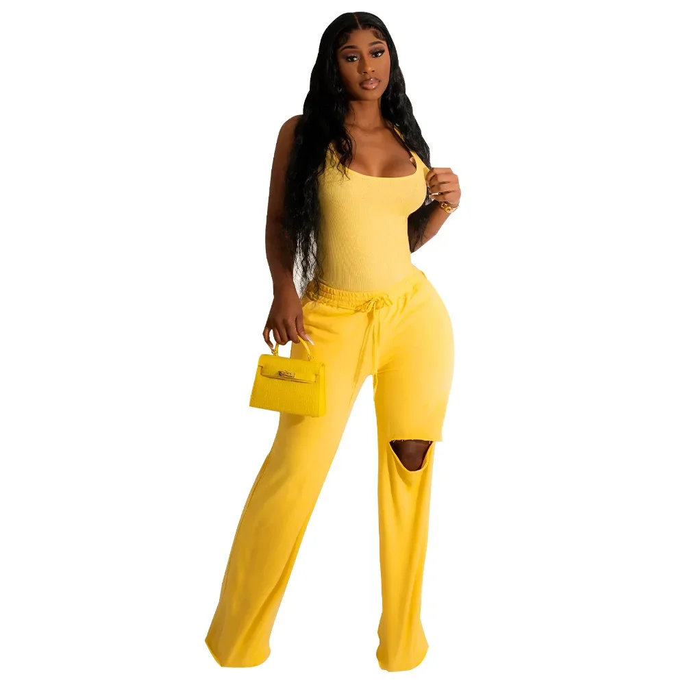 Women 2 Piece Sports Yellow Casual Wide Leg Pants Short Cardigan Top Solid Color Straight Pants Women Two-Piece Sets Outfits