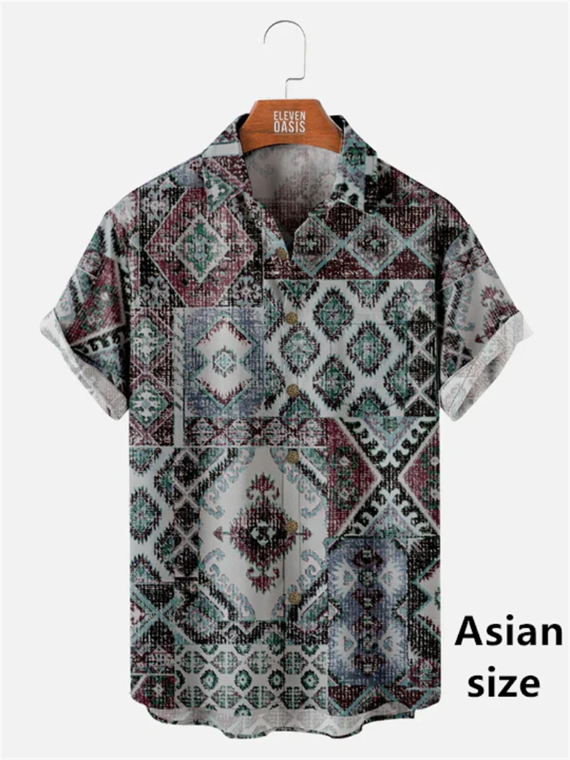 Vintage Men Shirts 3D Ethnic Pattern Printed Short Sleeve Top Fashion Casual Retro Button Lapel Hawaiian Shirt Summer Streetwear