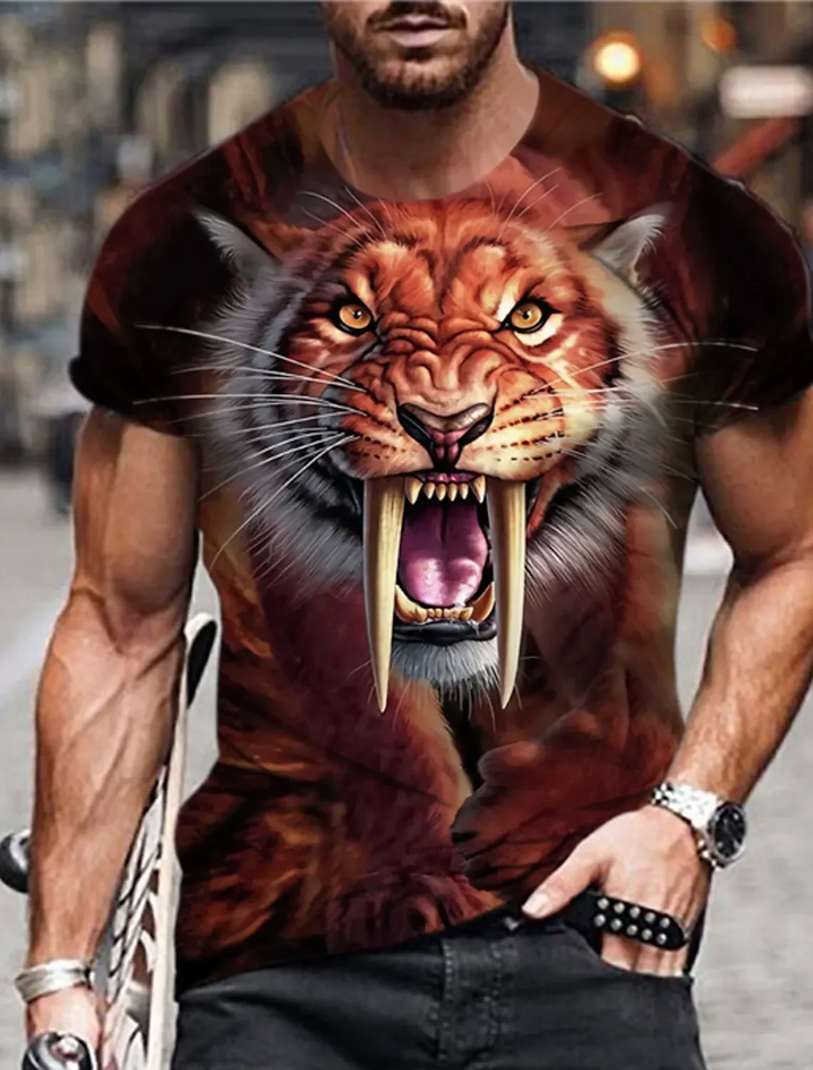 Animal Pattern Men's T Shirt 3D Saber Tooth Tiger Short Sleeve Fashion Personalized T Shirt Retro Loose Oversized Clothing 2024