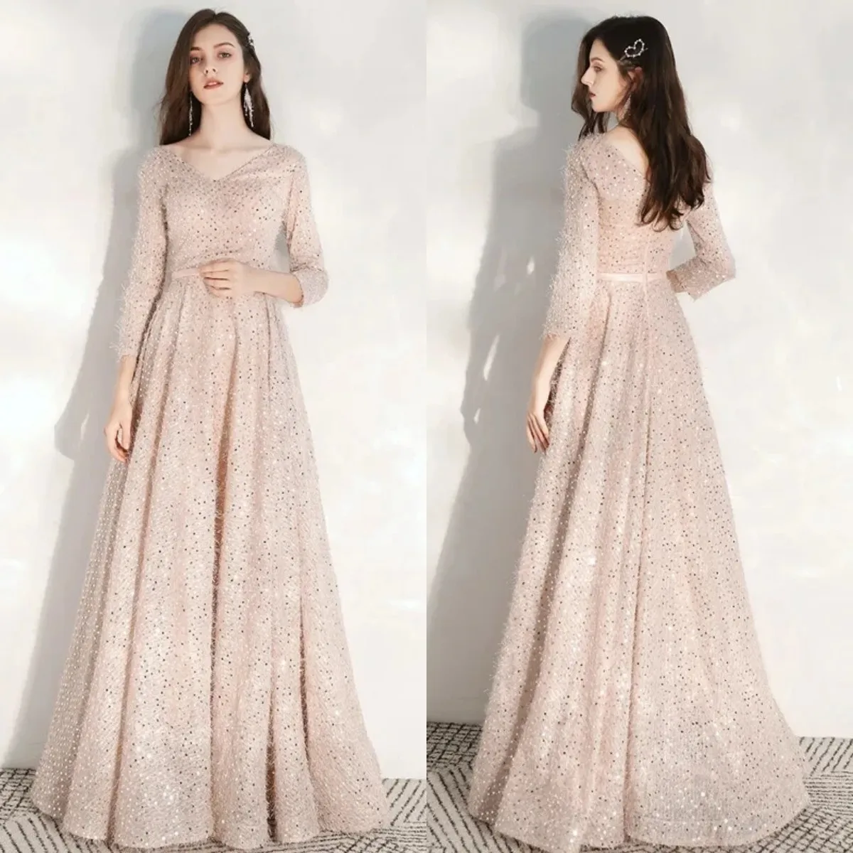 

Evening Dresses Pink Sequined V-neck Three Quarter Sleeve Floor-Length Robe De Soiree A-line Plus size Women Party Formal Gowns