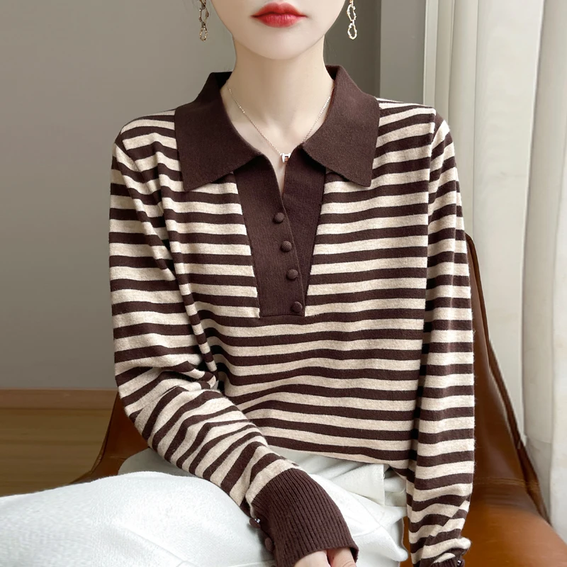 2024 Autumn Winter New Autumn Winter Striped Cashmere sweater Women lapel Neck Cashmere Sweater Soft Sweaters Women