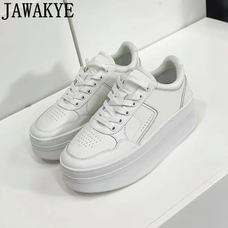 

Luxury Brand White Ventilate Leather Flat Shoes For Women Thick Sole Lace Up Sneakers Autumn Casual Party Vacation Walking Shoes