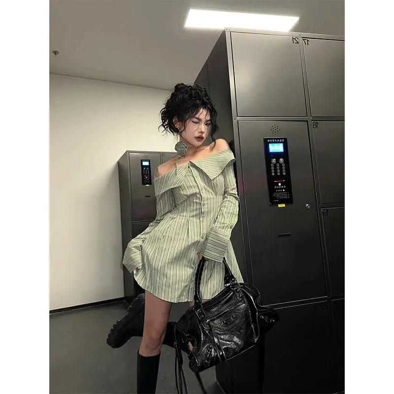 قبالة الكتف قميص مخطط فستان المرأة 2025 الربيع التلبيب الخصر سليم ألف خط فساتين قصيرة كم طويل موضة Vestidos