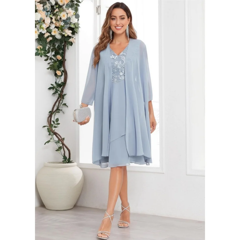 

3/4 Sleeve Mother of The Bride Dresses for Wedding with Jacket 2 Piece Short Formal Evening Gown Lace Chiffon Mother Guest Dress