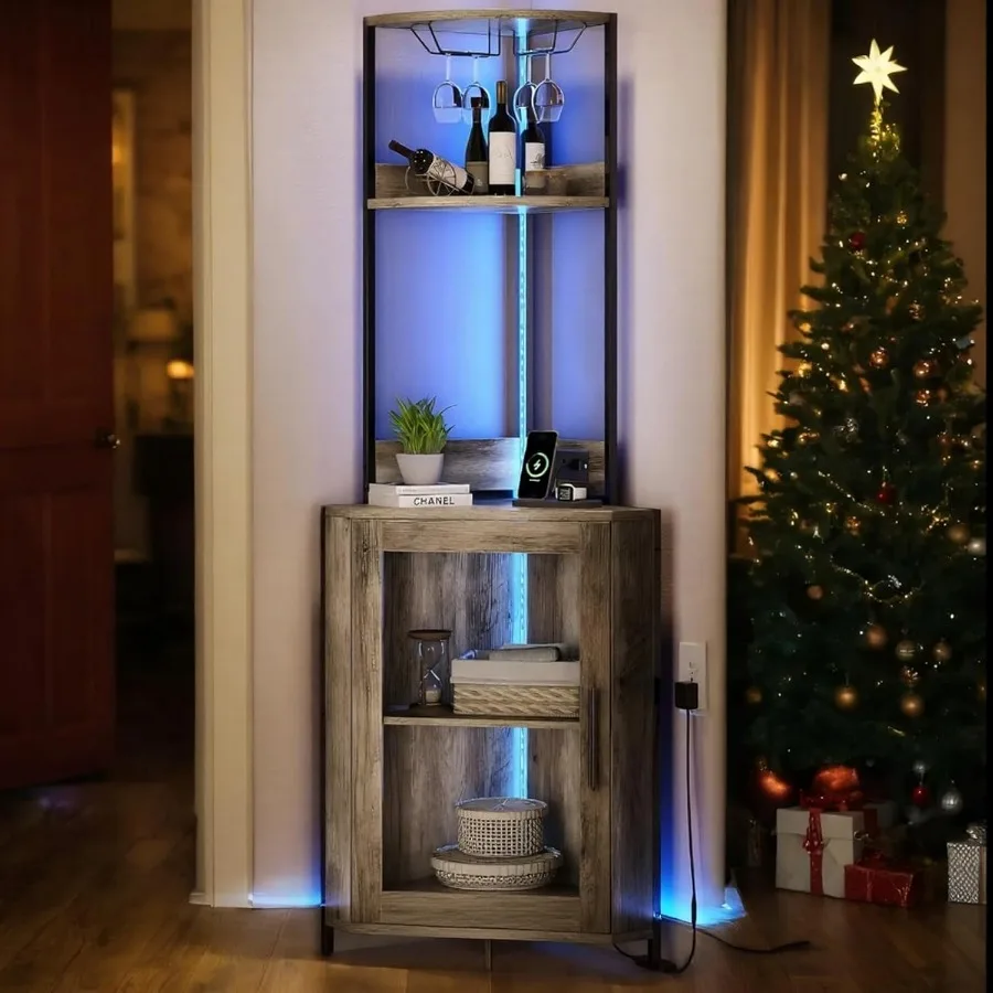 YITAHOME Corner Wine Cabinet with Power Outlets and LED Lights Corner Bar Cabinet with Glass Holder Liquor Bar Rack Cabinet for