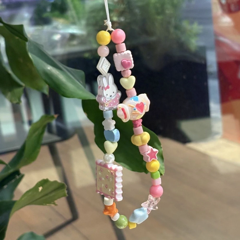Kawaii Miffy Phone Strap Cute Beaded Charm Decorative Lanyard Pastel Candy Color Sweet Aesthetic Accessory Daily Use Girl Gift