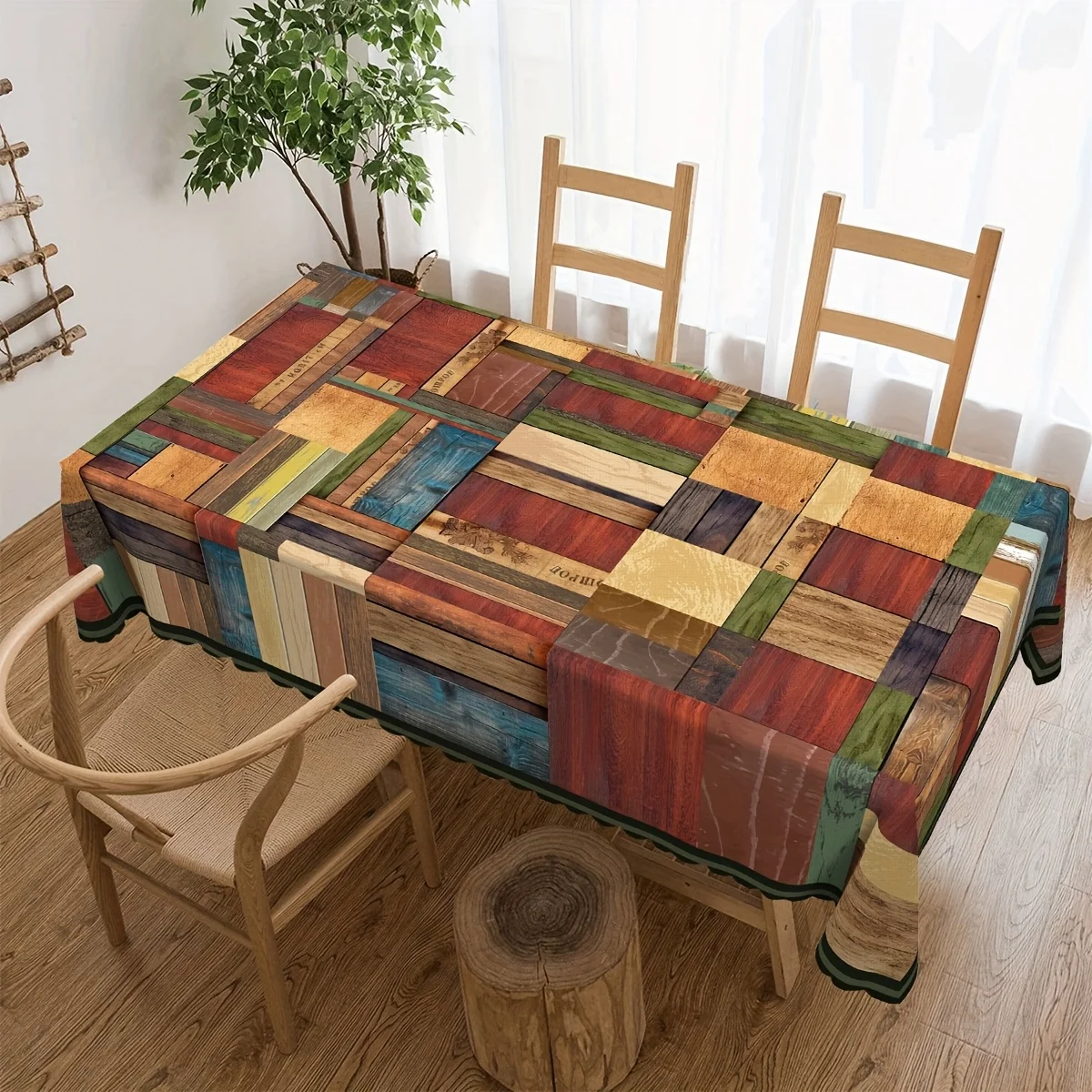 One piece, rectangular polyester tablecloth, vintage wooden board tablecloth, vintage style, stitched wooden board pattern