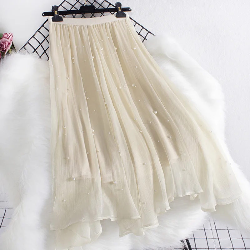 Glossy Pearl Mesh Skirt 2026 New Beaded Irregular Fairy Maxi Long Skirt A-Line Sweet Pleated Party Commute Women Autumn Spring