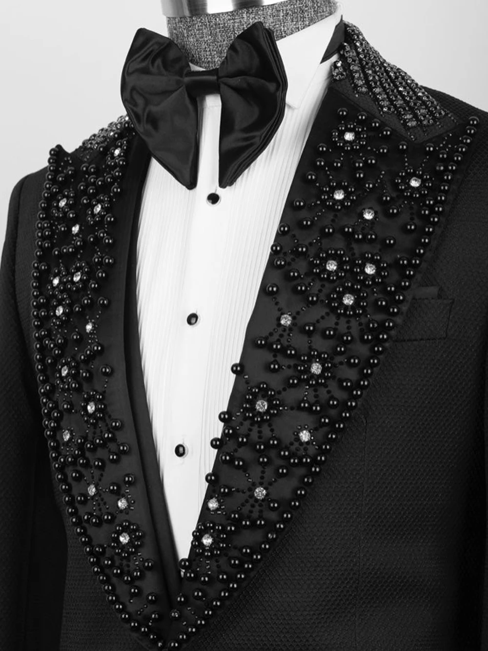 Man Beaded Suits For Wedding Handmade Black Pearls Crystals Beaded Jacket Vest Pants 3 Pieces Formal Party Groom Men's Tuxedos