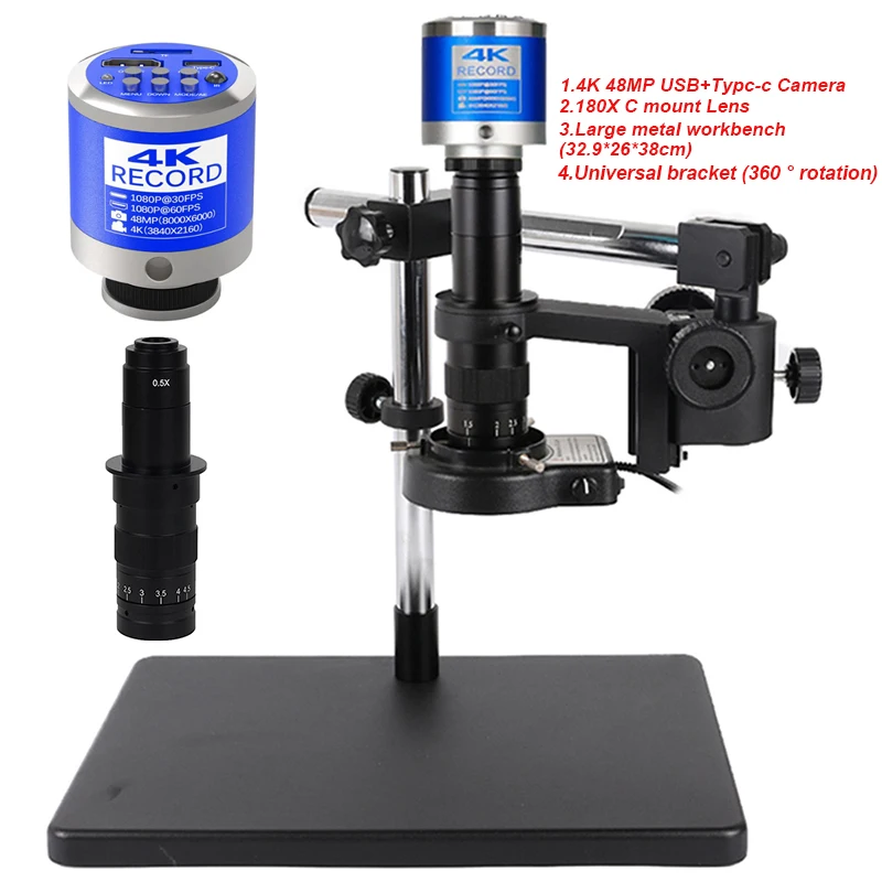 Metal Large Workbench Universal Bracket Digital Video Electronic Microscope Full Sets 4K 48MP/13MP USB HDMI VGA Camera 180X Lens