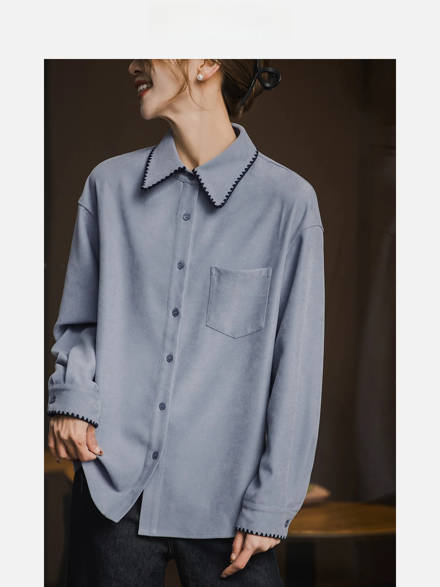 

Spring Faion ell Embroidery irt Women's Casual Sle Color Blo Versatile Top Breathable Polyester Long Sve irt