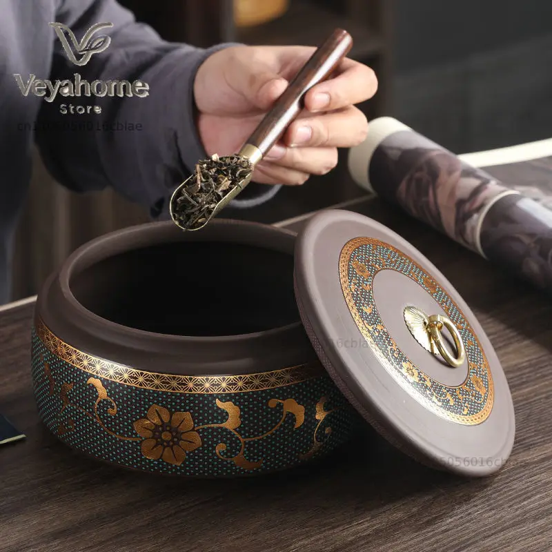 Modern Purple Sand Ceramic Tea Pot Gilded Flower Porcelain Storage Jar Household Candy Coffee Bean Sealed Jar Storage Container