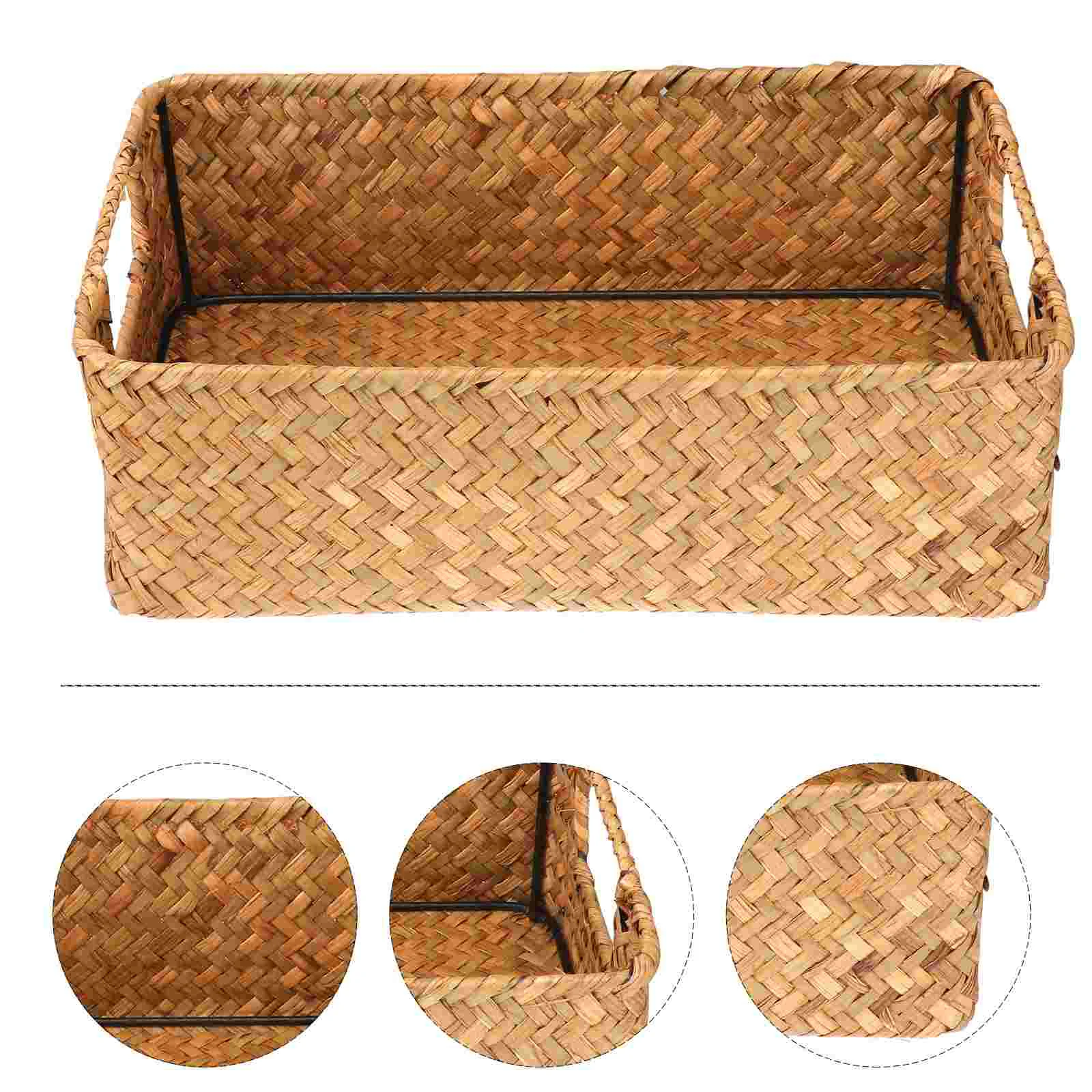 

Storage Basket Rectangular Sundries Organizer Small Bins Container Hand-woven Seaweed Iron Child Office Trash Can