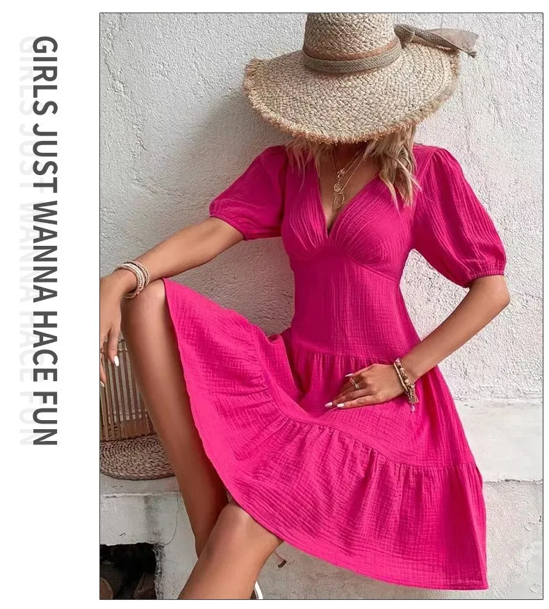 Party Dresses  Woman Summer New Fashion Deep V Bubble Sleeve Resort Pleated Dress Skirts Y2k Woman Clothing view 3