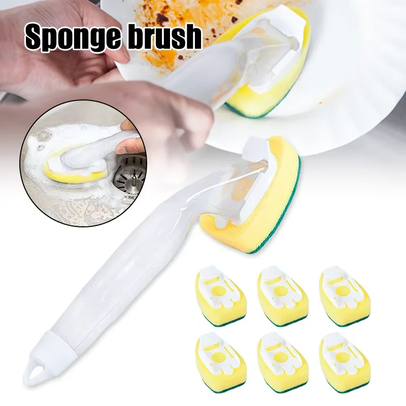 Soap Dispensing Dish Cleaning Brush Set With 1 Dish Washing Handle7Sponge Replacement Head Kitchen Sink Scrubber Cleaning Tool