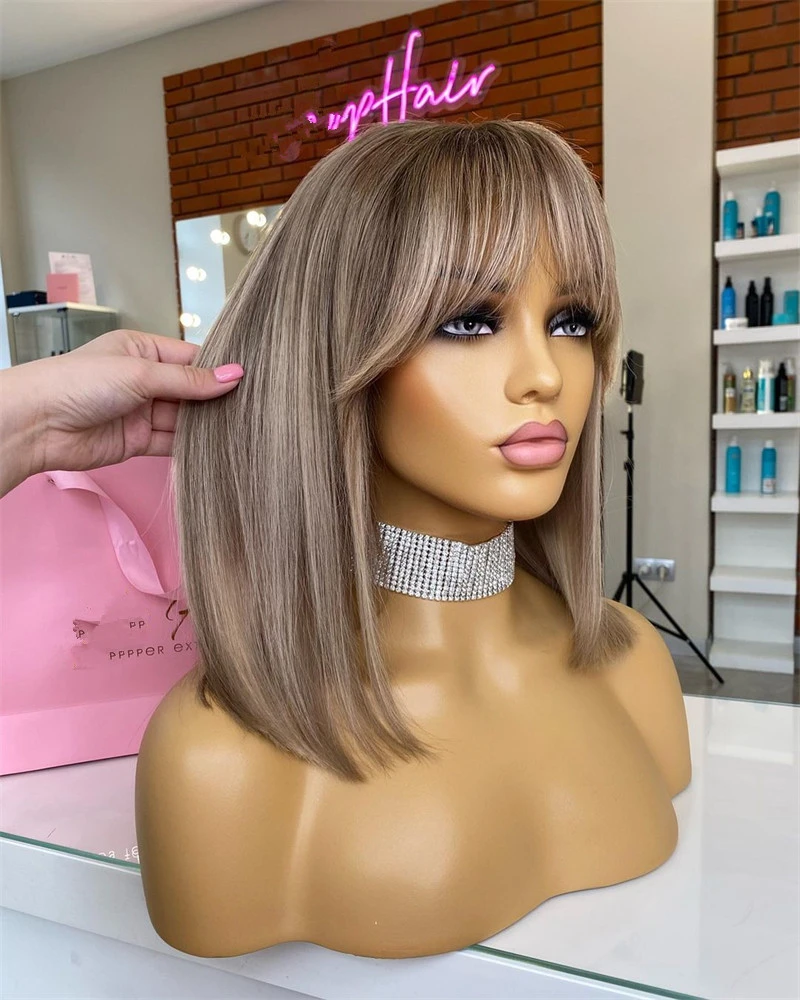 Platinum Blonde 13x4 Lace Front Wig with Bangs Straight Dirty Ash Blonde Wigs Natural Roots High Heat Resistant Fiber Fringe Wig
