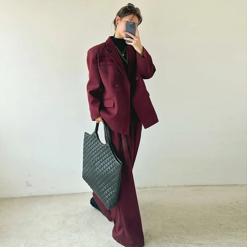 TWOTWINSTYLE Solid Two Piece Set For Women Notched Collar Long Sleeve Blazer High Waist Full Lengt Pant Minimalist Sets Female