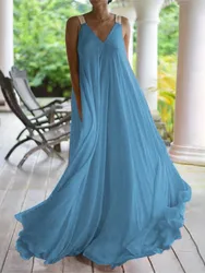 Fashion Spaghetti Strap Solid Boho Dress Summer Women's V Neck Sleeveless Loose Maxi Long Dresses New 2024 For Women Robe Femme