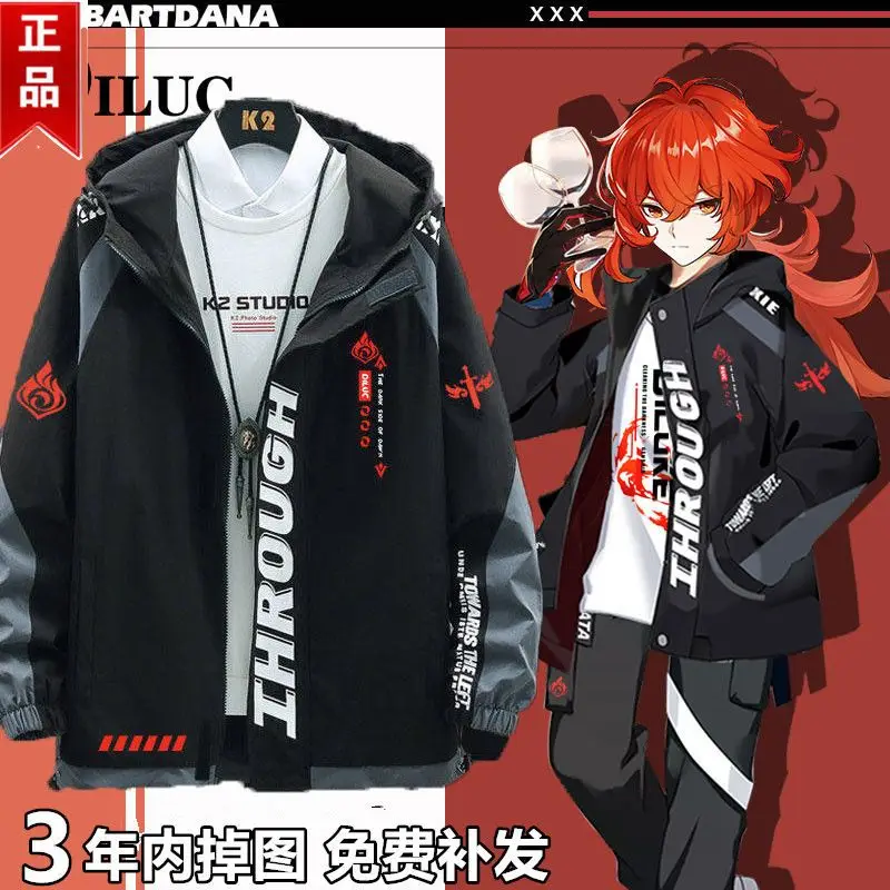 Anime Genshin Impact Diluc Ragnvindr Jackets Autumn Winter Outerwear Fashion Hooded Outwear Slim Fit Hoody Birthday Gifts Girls