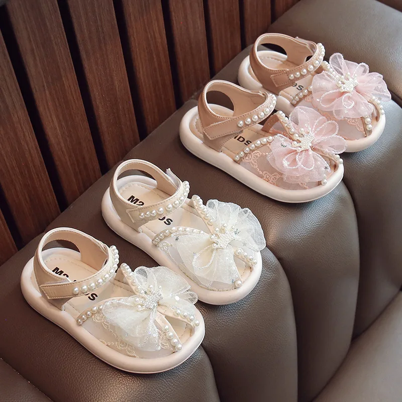 2023 Summer Baby Girls Flower Pearl Fish Mouth Sandals Sweet Soft Sole Breathable Mesh Toddler Princess Shoes Kids Beach Sandals