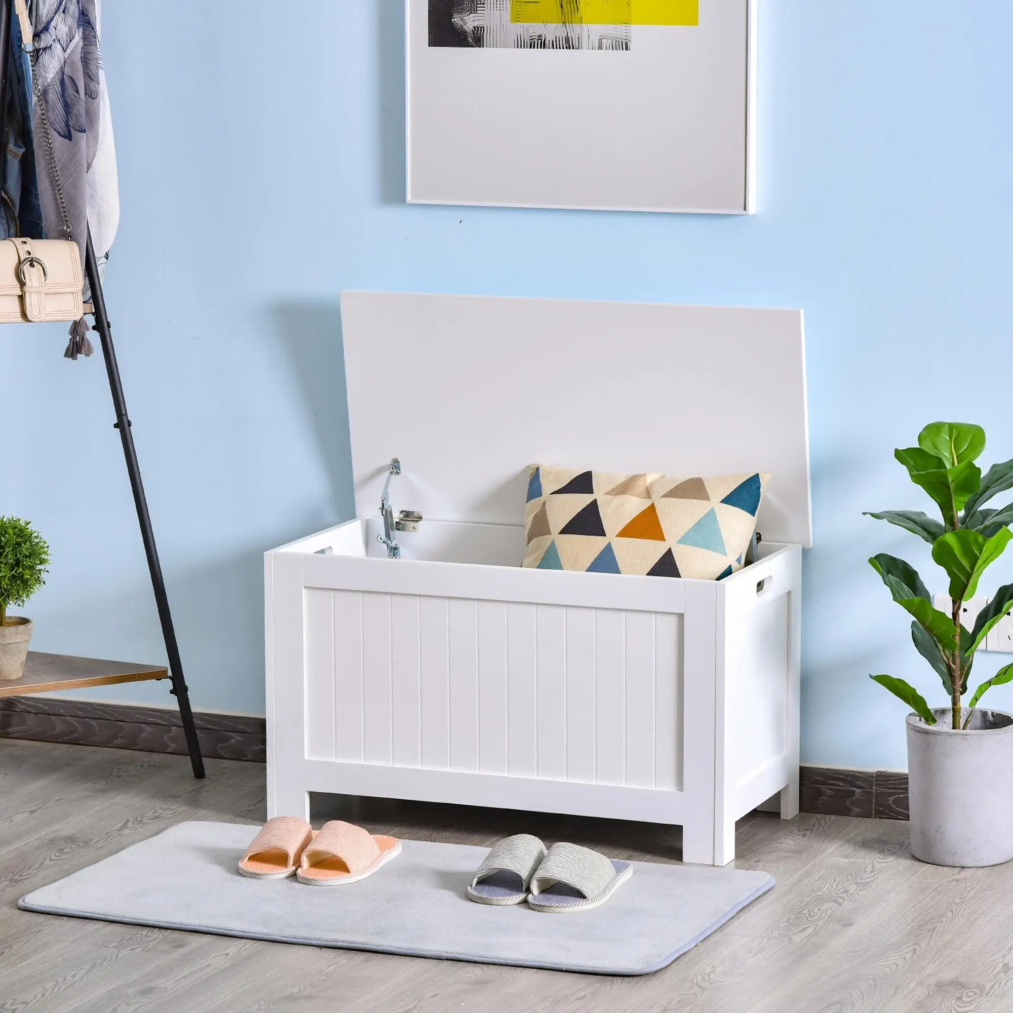 Banc avec rangement MDF blanc 81x40x46 cm, charnière de sécurité, deux poignées, chambre, salon, couloir