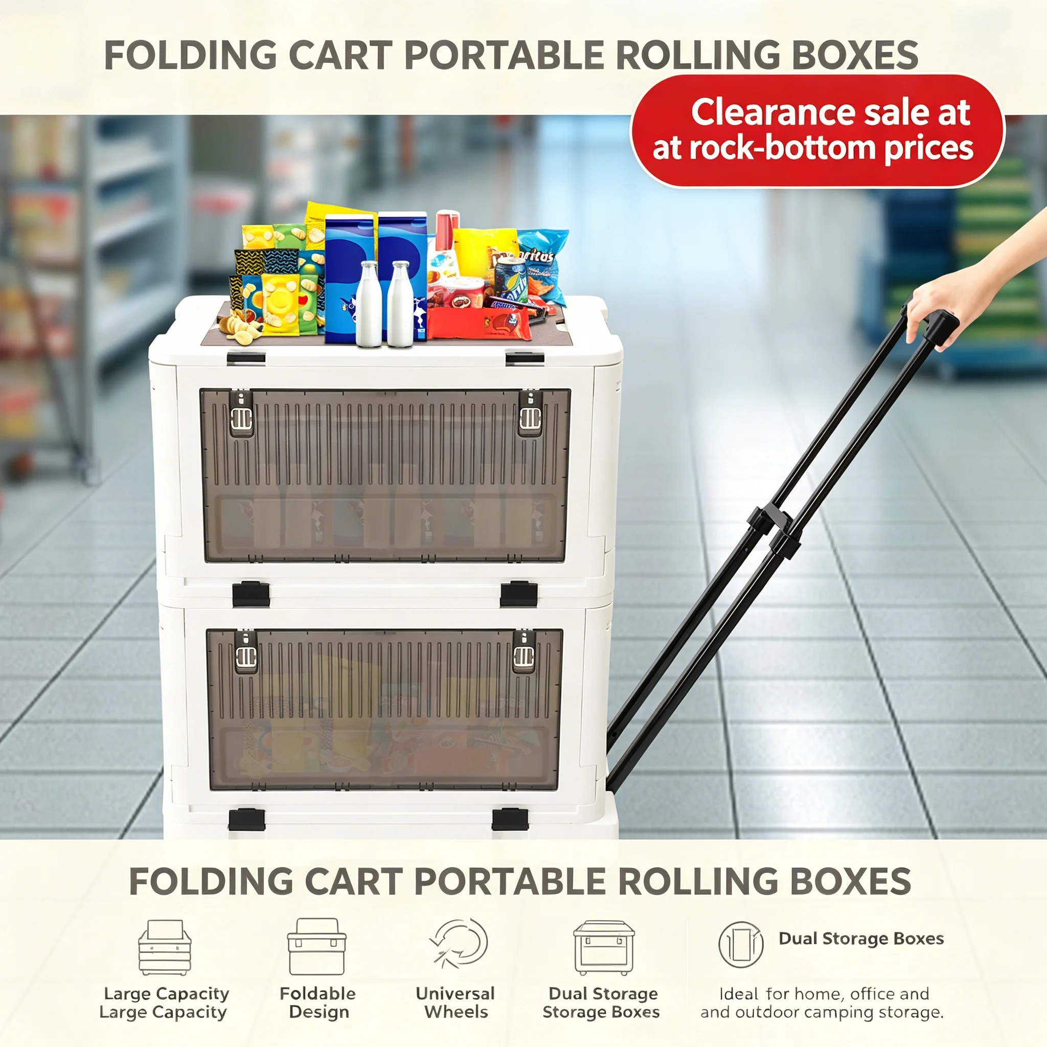 Clearance Sale Detachable Folding Cart with 70L Large Capacity PP+ABS Storage Boxes, Aluminum Alloy Telescopic Handle, Foldable 2-Tier Utility Trolley with Universal Wheels for Home Organization Outdoor Camping Picnic Shopping