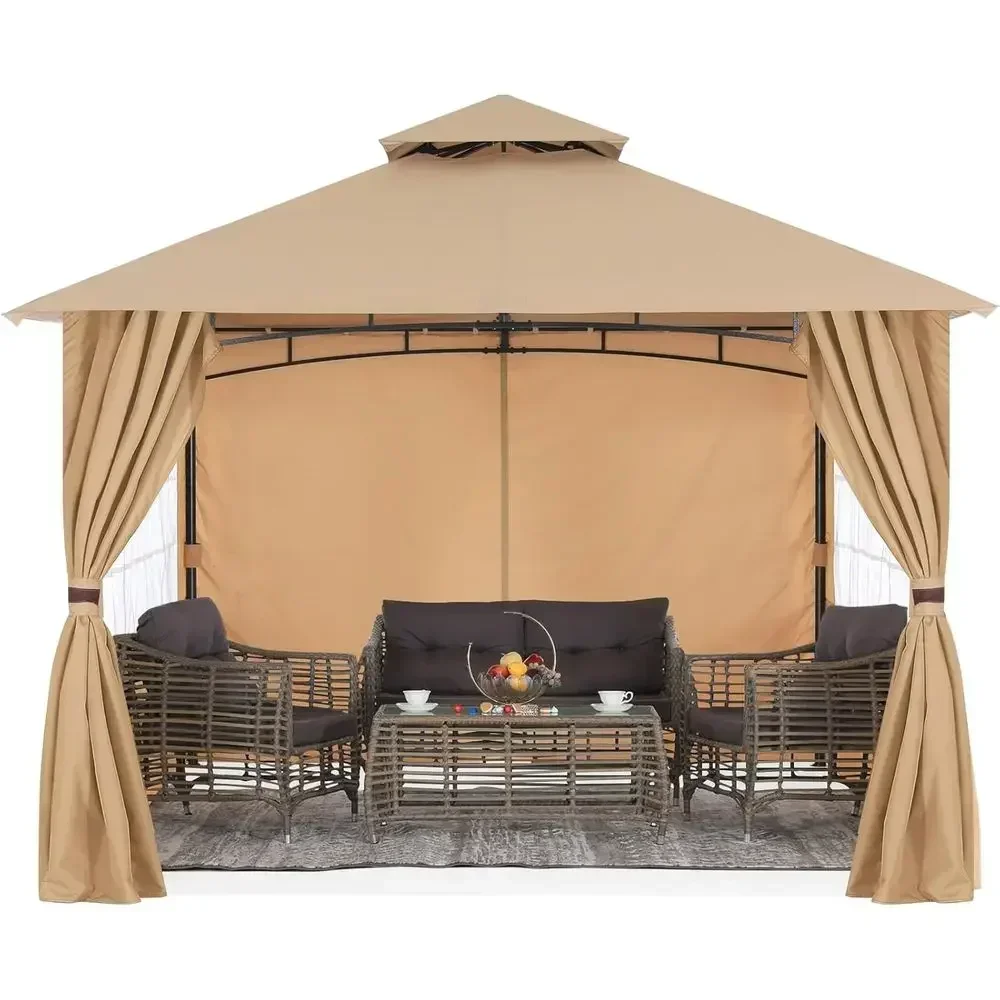10x12 Beige Steel Outdoor Gazebo with Window Curtains