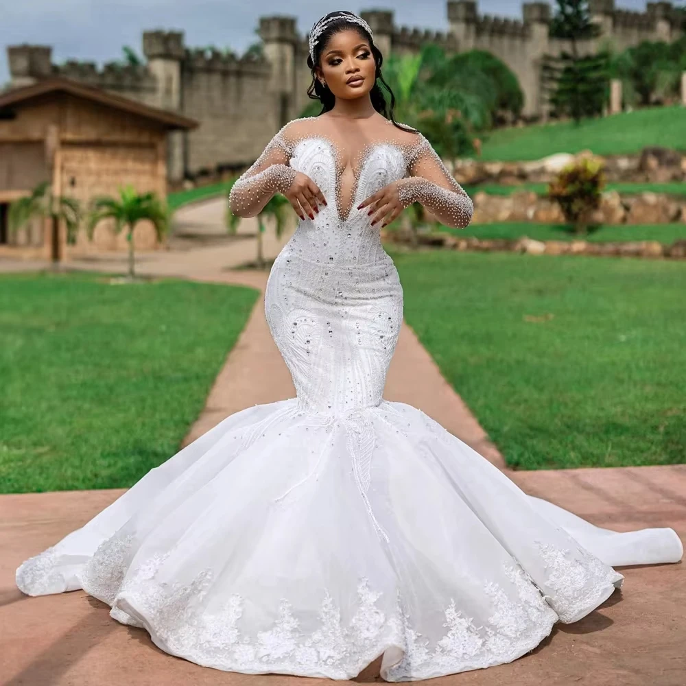 Customized  V Neck Sparkly Crystals Beads Wedding Dress for Bride Garden Long Sleeve Plus Size Luxury Trumpet Bridal Gown