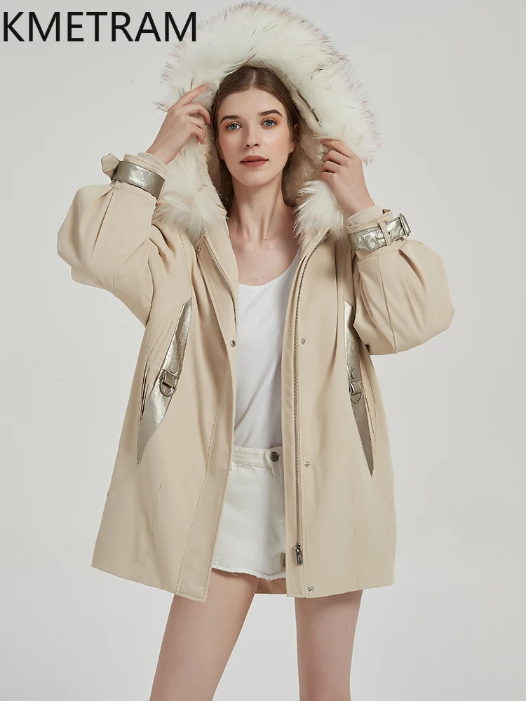 KMETRAM Rex forro de piel de conejo abrigo de piel de perro mapache cuello de piel Parkas chaqueta 2025 longitud media invierno con capucha ropa de mujer шуба