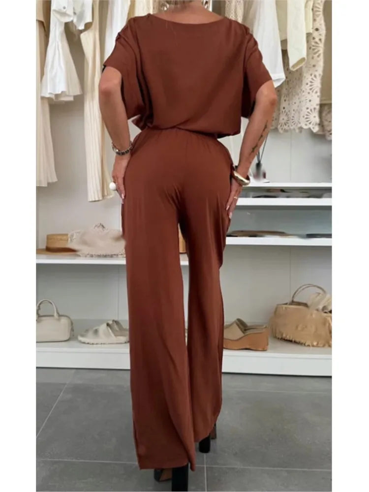 Frauen Fashion Solid Set Casual Kurzarm O Neck T Shirt Tops + Hohe Taille Breite Bein Hosen 2 stück Sets Streetwear Kleidung Neue