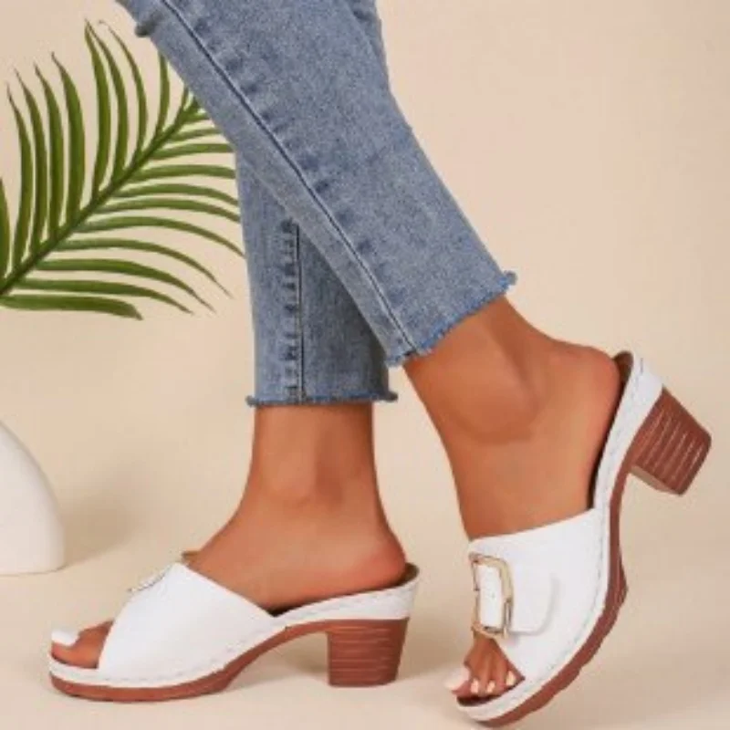 Women Slippers 2025 Summer New Fashion Soft Platform Shoes Ladies Chunky Heels Buckle Designer Slippers