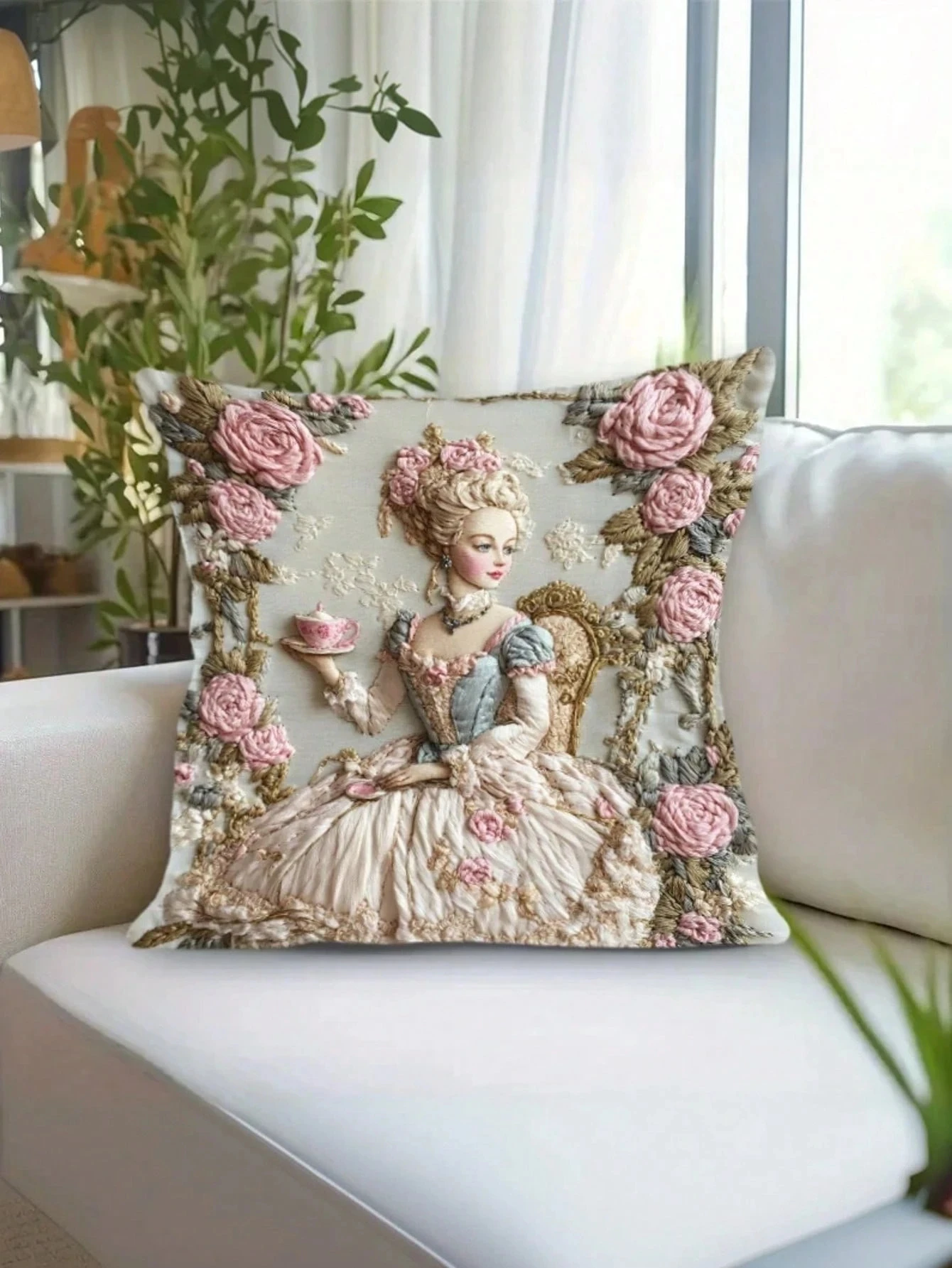 1pc Vintage Court Lady Faux Embroidery Pillow Cover Polyester 2D Double-Sided Print Sofa Cushion Case Gift for Living Room Bedro