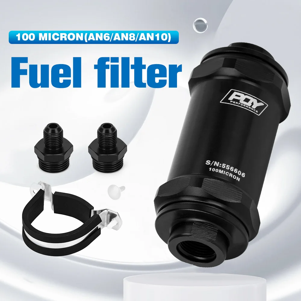 PQY BLACK AN6 / AN8 / AN10 Inline Fuel Filter E85 Ethanol With 100 Micron Stainless steel element and PQY sticker