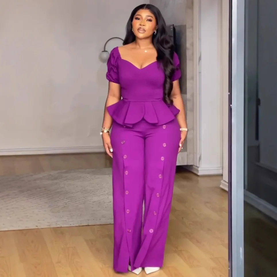 

Summer New Fashion Women's Purple Solid Color Casual Trendy 2 Piece Sets Short Sleeve V-neck T-shirts Wide Leg Trousers Female