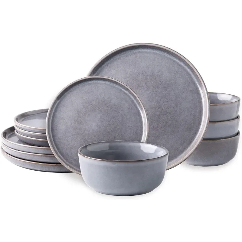 

Stoneware Dinnerware Sets Round Reactive Glaze Plates and Bowls Set Highly Chip and Crack Resistant