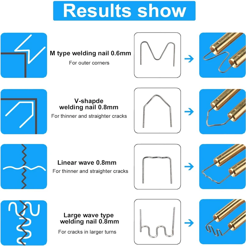 Soldador de plástico, máquina de soldadura, pistola de soldar para parachoques de coche con cabezal liso, 4 tipos de grapas para parachoques, Kayak, reparación de productos de plástico
