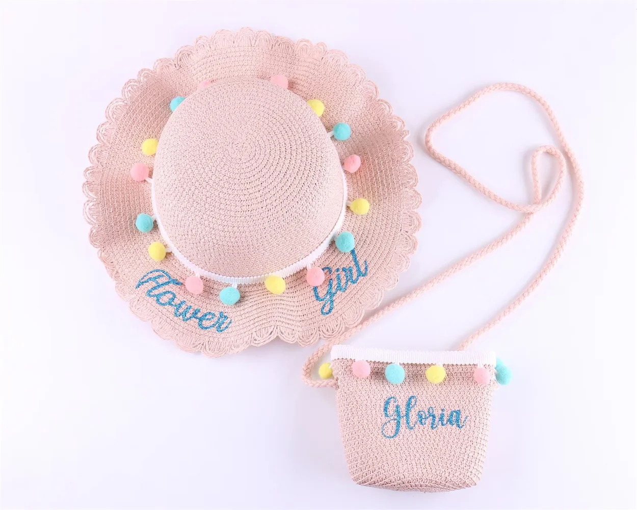 Personalized Kids Sun Hat with Name Straw Bag Flower Girl Junior Bridesmaid Wedding Favors Floppy Cap Beach Pool Children's Birt