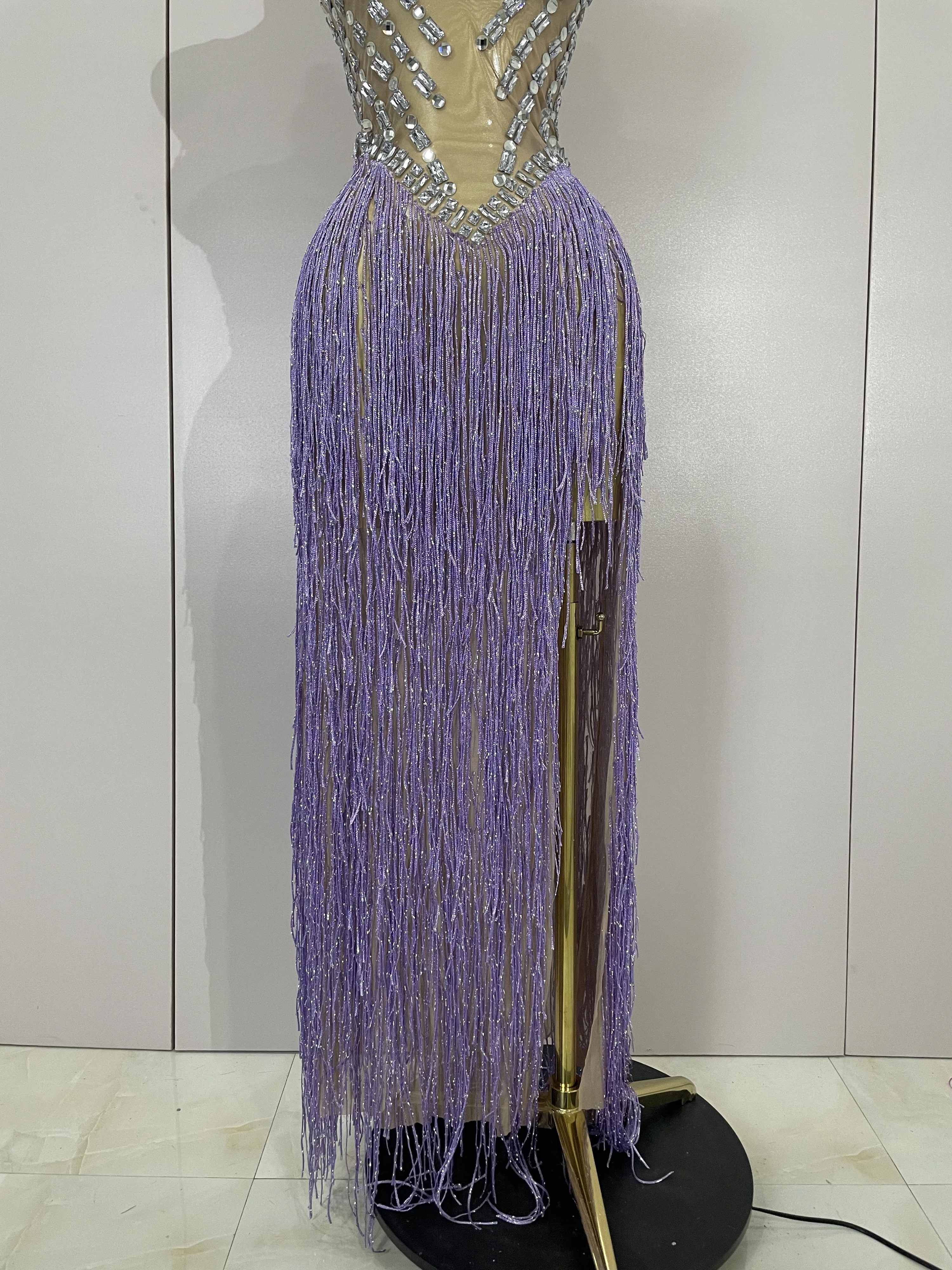 Robe longue transparente en maille pour femmes, Sexy, luxe, strass, paillettes, pompon, soirée, bal, discothèque, Costume de scène