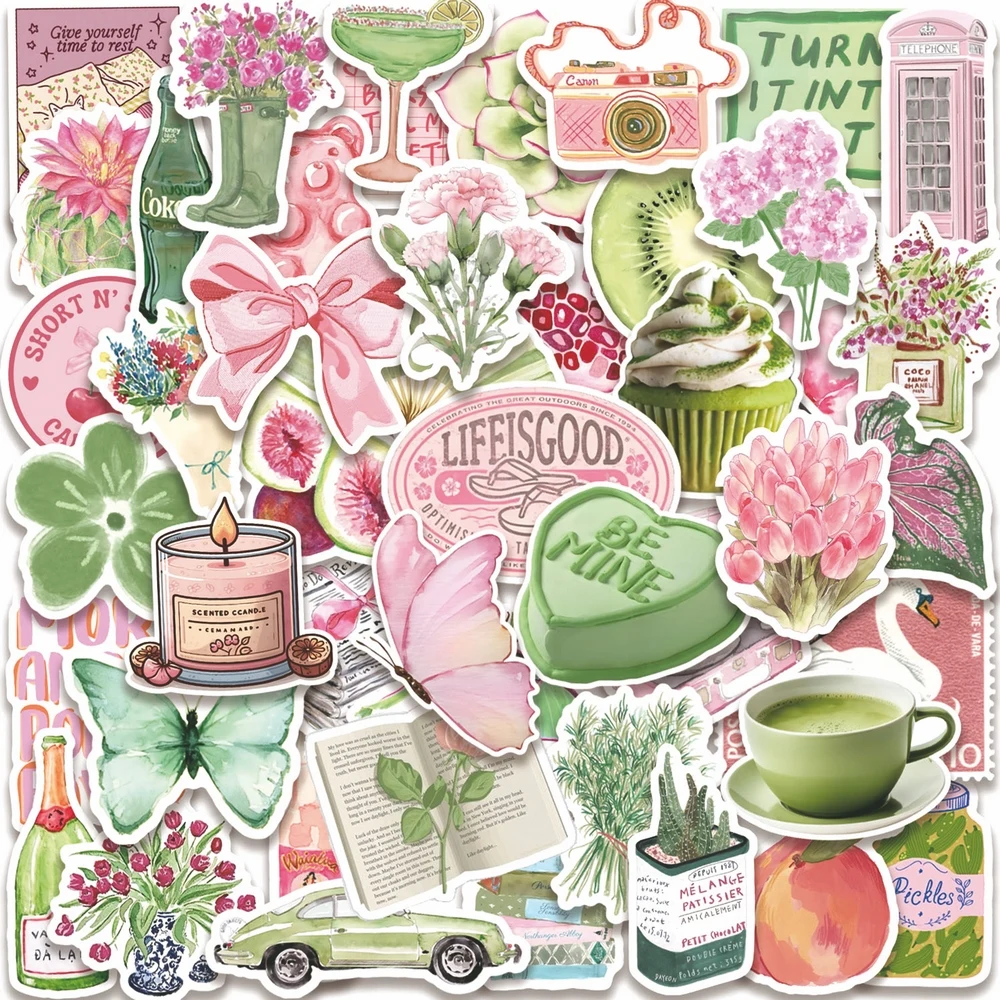 50 pezzi rosa verde adesivi vintage estetica Cottagecore stazionario laptop notebook retrò adesivo in vinile adesivo impermeabile regalo giocattolo