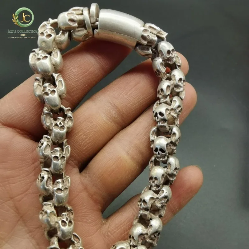 Vintage Old Tibetan Silver Skull Bracelet, Trendy Personalized Wrist Jewelry