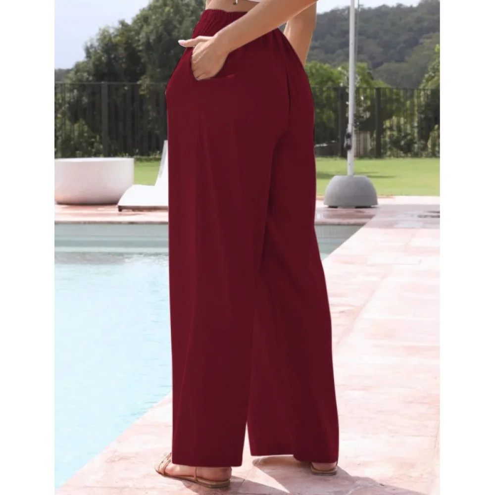 Plus Size Wide Leg Pants Women Loose Casual Trousers Adjustable Drawstring Elastic Waist Comfortable Summer Pockets Bottoms