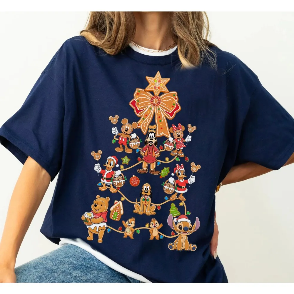 ميكي وأصدقائه الزنجبيل شجرة عيد الميلاد فانوس ديزني ميكي ووني ذا بوه أنيق القوس عيد الميلاد النساء تي شيرت