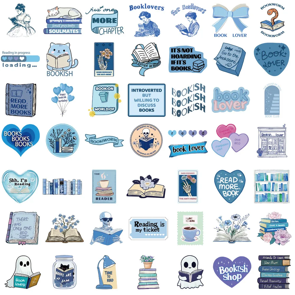 50PCS Blue Bookish Sticker Computer Graffiti DIY Case Desktop Phone Creative Art Picture Community DIY Decoration Stickers