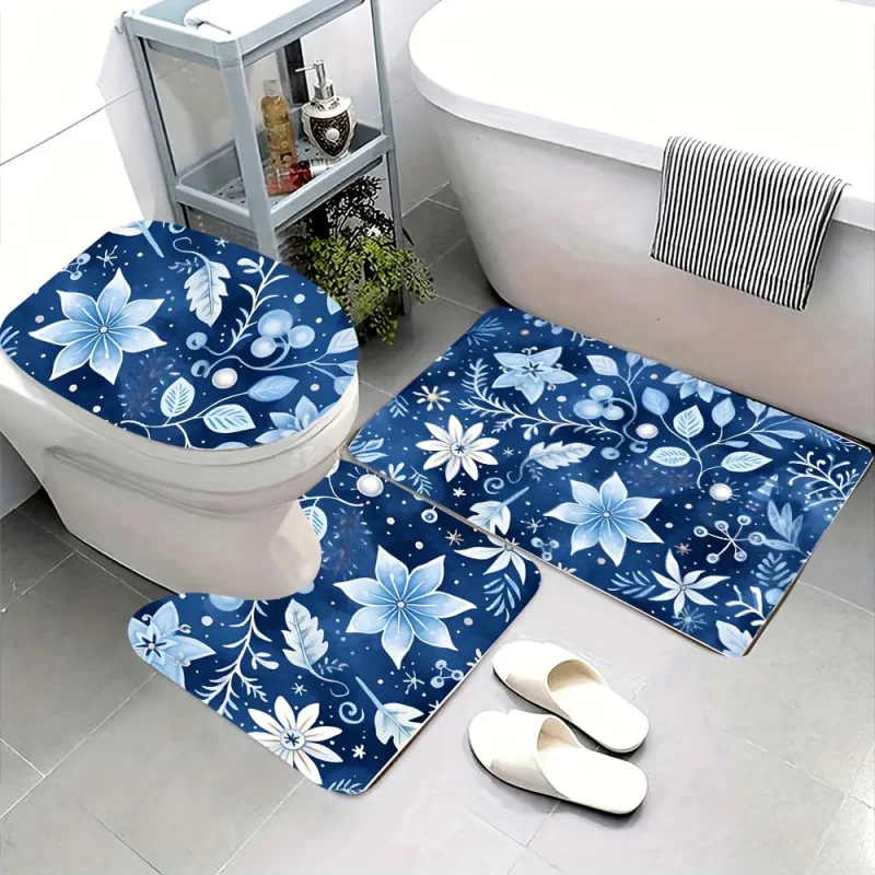 3-piece blue floral pattern bathroom mat set-non-slip & water absorbent bath rug, soft knit fabric toilet lid & tank covers, P