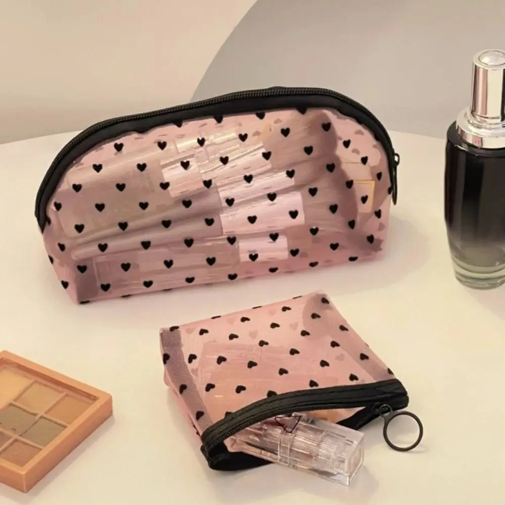 Trousse de toilette en maille de nylon en forme de cœur, sac à cosmétiques, rouge à lèvres, clé, trousse de rangement pour écouteurs, trousse de maquillage, nouveau