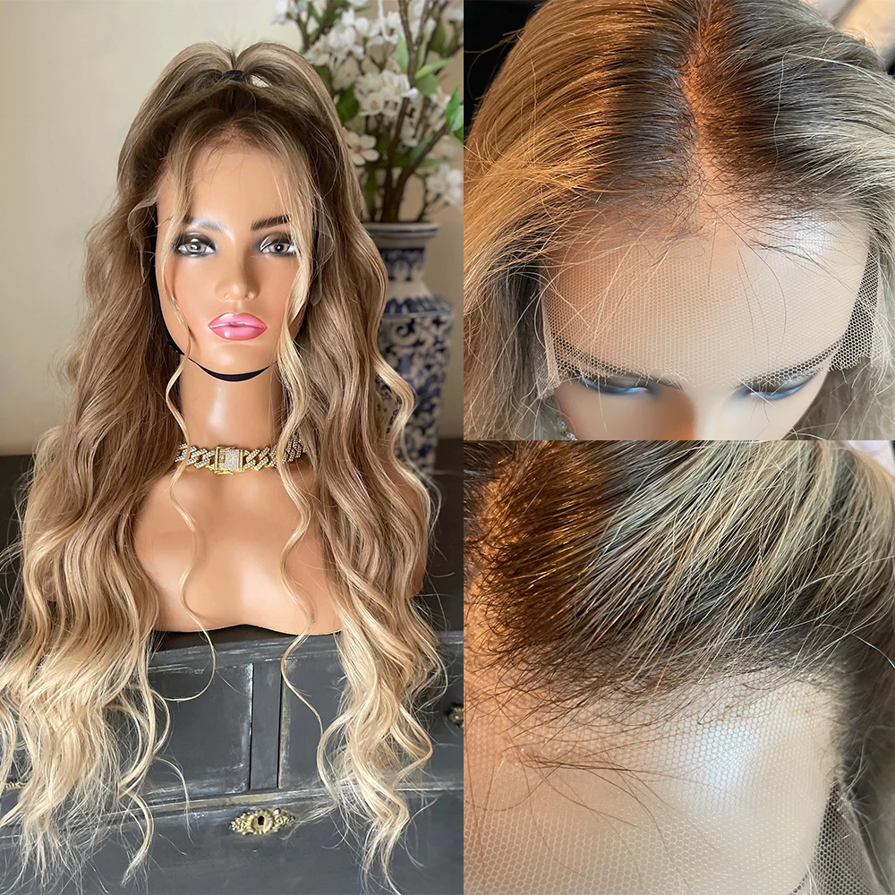 Dirty Blonde Dark Ashy Root Full Lace Wig Ombré Wavy Balayage Premium 100% Virgin Human Hair Wig HD 13x6” Lace Front Wig 180%